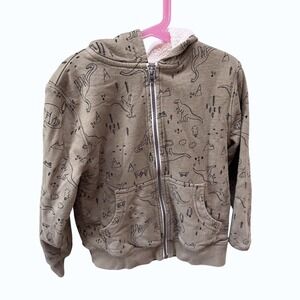 Hanna Andersson Kids Olive Green Dinosaur Print Sherpa Lined Zip‎ Hoodie 6-7